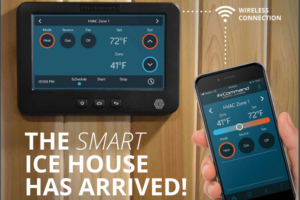 "The Smart Ice House Has arrived" text with touch screen panel and smart phone